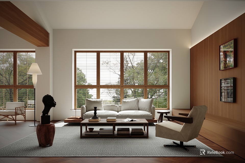 Modern Living Room Interior Design With White Sofa Coffee Table Large Windows And Wooden Accents 3d model 