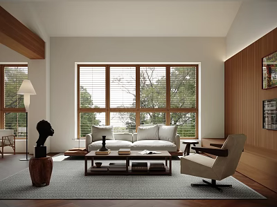 Modern Living Room Interior Design With White Sofa Coffee Table Large Windows And Wooden Accents 3d model