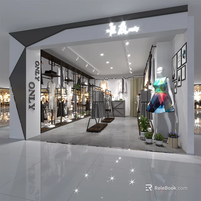 Modern Clothing Store Interior Design With Hanging Garments Mannequin Displays Green Plants And Lighting 3d model 