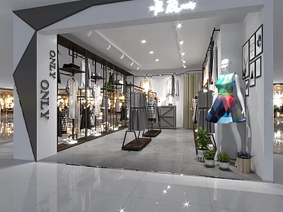 Modern Clothing Store Interior Design With Hanging Garments Mannequin Displays Green Plants And Lighting 3d model