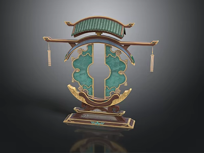 Traditional Architectural Decorative Ornament With Green Carving Gold Frame Roof Like Structure And Tassels 3d model