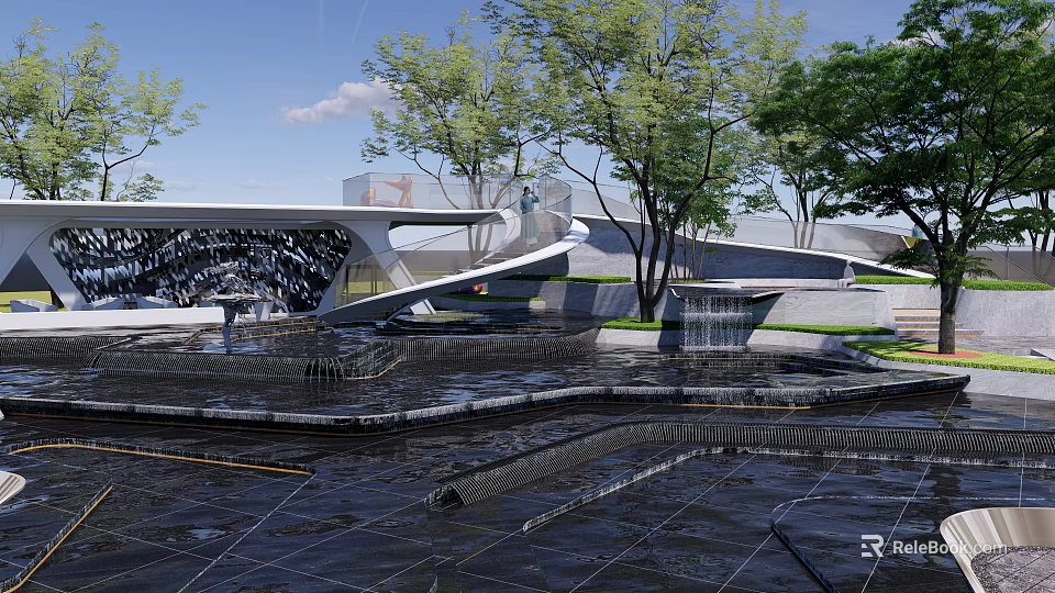Modern Garden Landscape with Geometric Architectural Structures Trees and Water Features 3d model