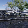 Modern Garden Landscape with Geometric Architectural Structures Trees and Water Features 3d model