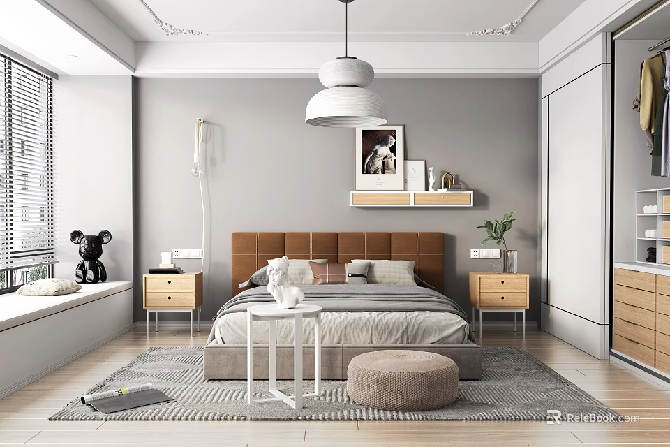 Modern Bedroom Interior With Bed Nightstands Chandelier Rug And Decorative Art 3d model 