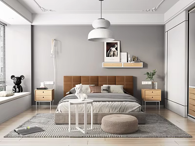 Modern Bedroom Interior With Bed Nightstands Chandelier Rug And Decorative Art 3d model