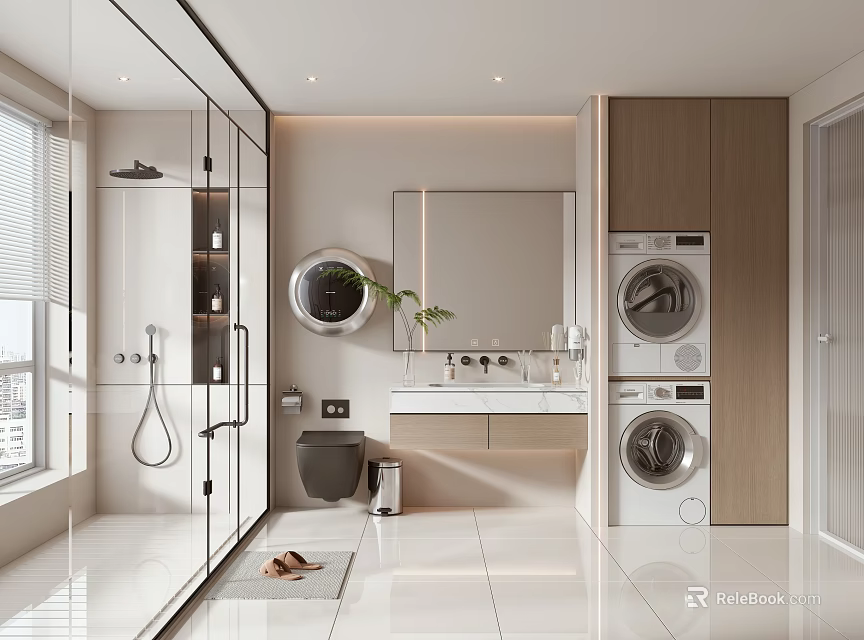 Modern Bathroom Interior with Glass Shower Enclosure Vanity Mirror and Washing Machine 3d model 