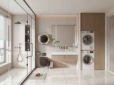 Modern Bathroom Interior with Glass Shower Enclosure Vanity Mirror and Washing Machine 3d model
