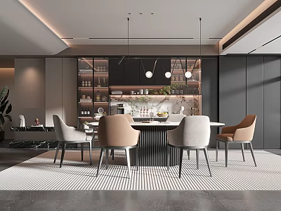 Modern Restaurant Interior With Dining Table Chairs Hanging Lights And Wine Rack 3d model
