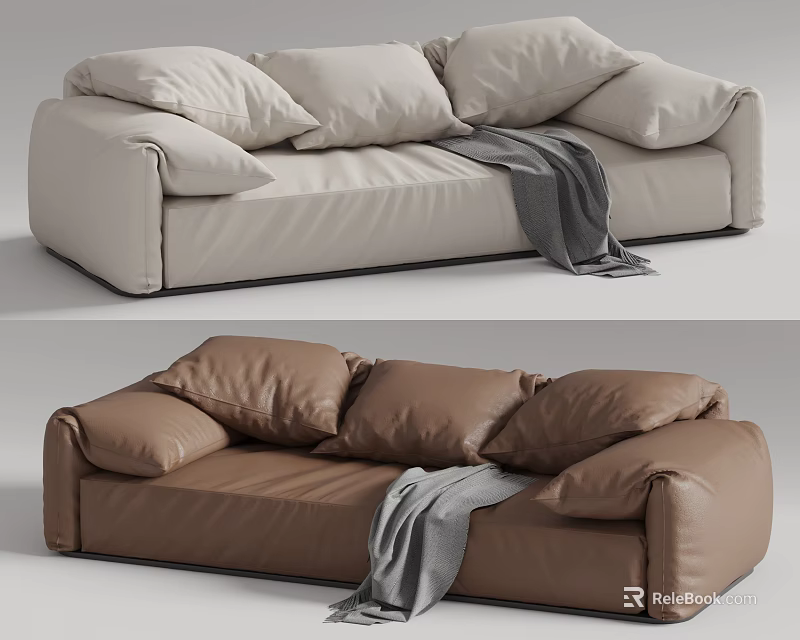 Beige and Brown Double Sofa with Multiple Cushions and Grey Throw 3d model 