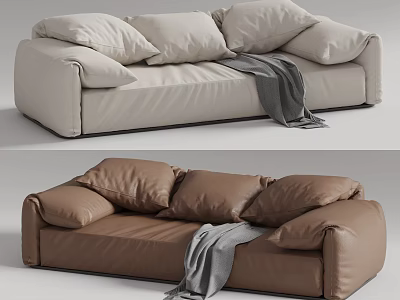 Beige and Brown Double Sofa with Multiple Cushions and Grey Throw 3d model