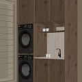 Modern Wooden Balcony Cabinet Interior with Stacked Washing Machines Countertop and Faucet Blinds