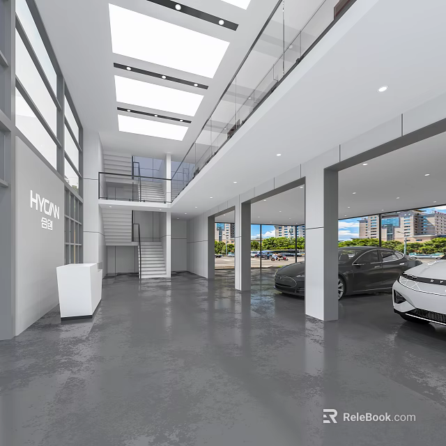 HYCAN Modern Spacious Showroom Interior With Skylights Glass Walls And Cars 3d model 