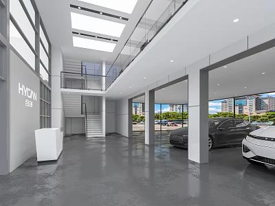 HYCAN Modern Spacious Showroom Interior With Skylights Glass Walls And Cars 3d model