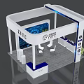 Modern White And Blue Exhibition Booth With CITC Logo Curved Design Display Screen And Potted Plant