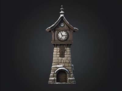 Vintage Stone Clock Tower With Snow Covered Spire And Wooden Door 3d model