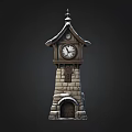 Vintage Stone Clock Tower With Snow Covered Spire And Wooden Door