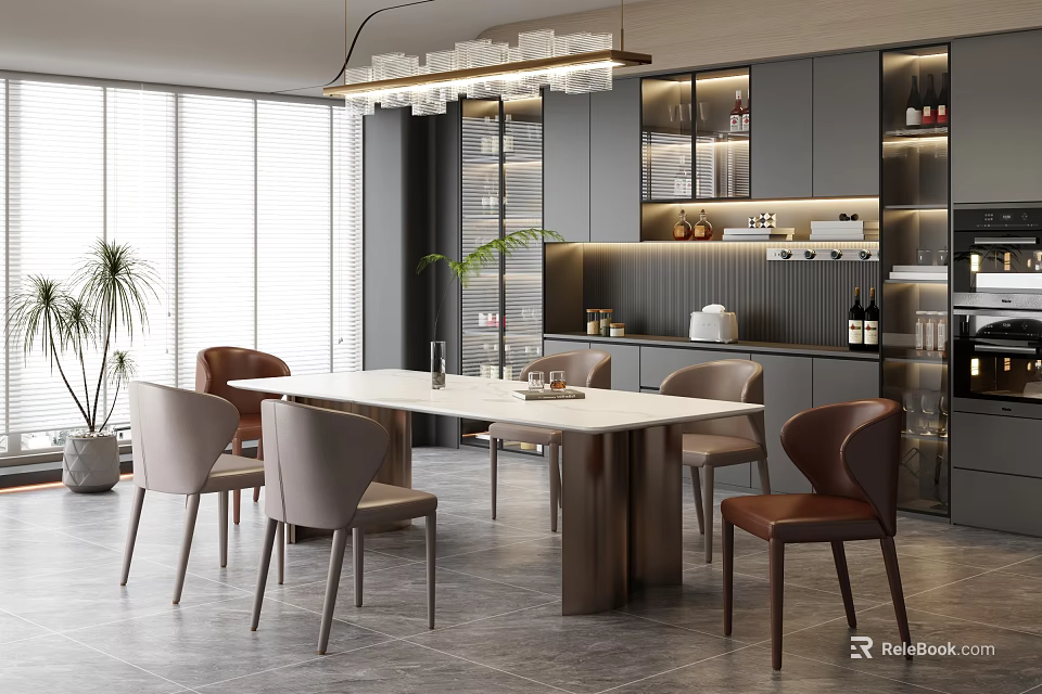 Modern Restaurant Interior With Dining Table Chairs And Pendant Lighting Fixtures 3d model 