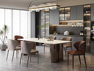 Modern Restaurant Interior With Dining Table Chairs And Pendant Lighting Fixtures 3d model