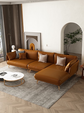 Bedroom Italian-style leather sofa chaise longue coffee table combination 3d model