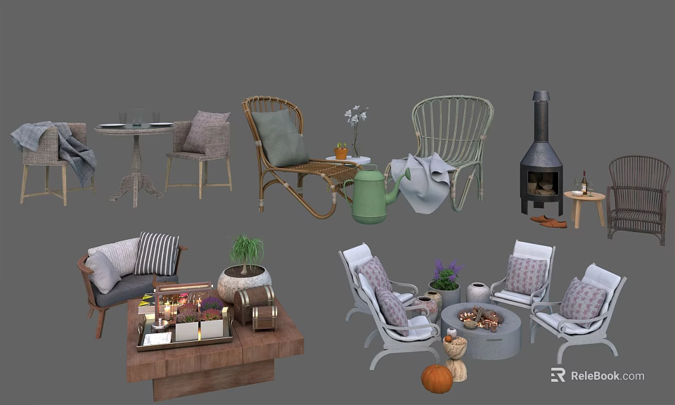 Outdoor Table and Chair Set with Wicker Metal Upholstered Chairs Pillows Plants and Fire Pit 3d model 