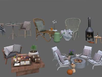 Outdoor Table and Chair Set with Wicker Metal Upholstered Chairs Pillows Plants and Fire Pit 3d model