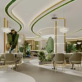 Modern Restaurant Interior With Curved Design Green Plants Gold Accents And Sculpture