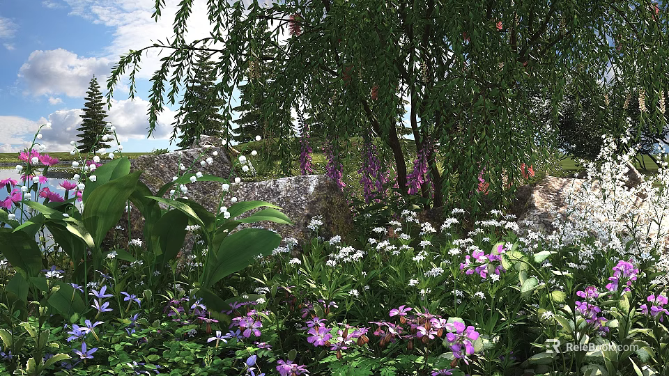 Colorful Flowers And Green Plants In Outdoor Garden With Weeping Willow And Rocks 3d model 