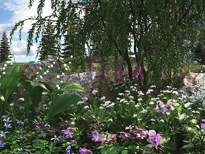 Colorful Flowers And Green Plants In Outdoor Garden With Weeping Willow And Rocks 3d model