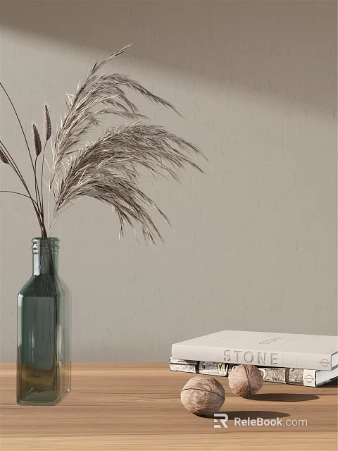 Green Glass Vase With Dried Reed Flowers On Beige Wall Background And White Book 3d model 