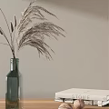 Green Glass Vase With Dried Reed Flowers On Beige Wall Background And White Book