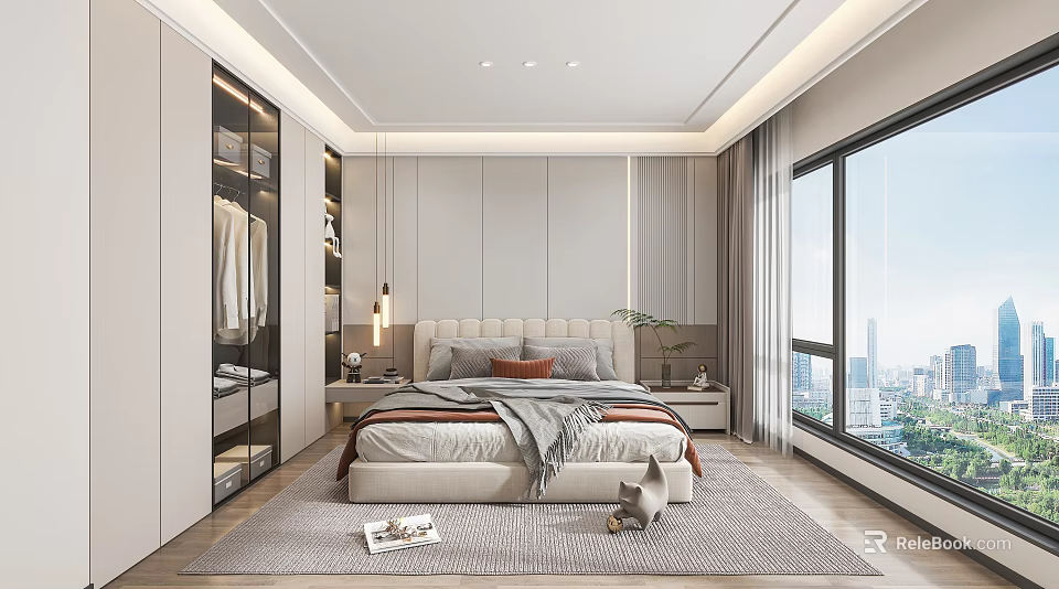 Modern Bedroom Interior Design With Upholstered Headboard City View Window And Wooden Floor Rug 3d model 