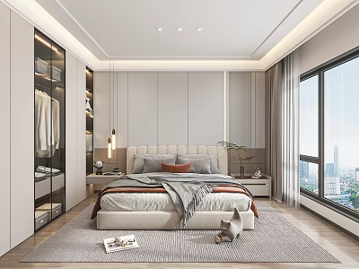 Modern Bedroom Interior Design With Upholstered Headboard City View Window And Wooden Floor Rug 3d model