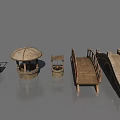 Wooden Garden Ornaments With Swing Bench Covered Well And Small Bridge