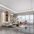 Modern Living and Dining Room Interior With Marble TV Wall Large Windows Sofa And Rug