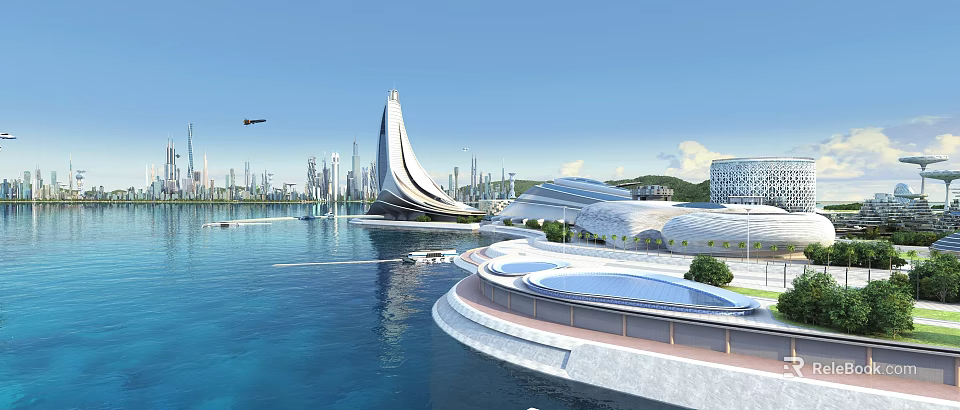 Modern Waterfront Architecture With Curved Building City Skyline And Blue Water 3d model 