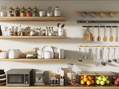 Modern Kitchen Interior With Organized Utensils Shelves Jars Dishes Hanging Rack And Appliances 3d model