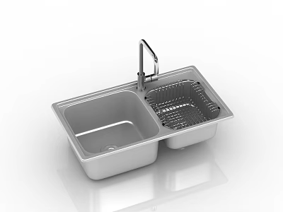 Stainless Steel Double Bowl Kitchen Sink with Faucet and Drainer Rack 3d model