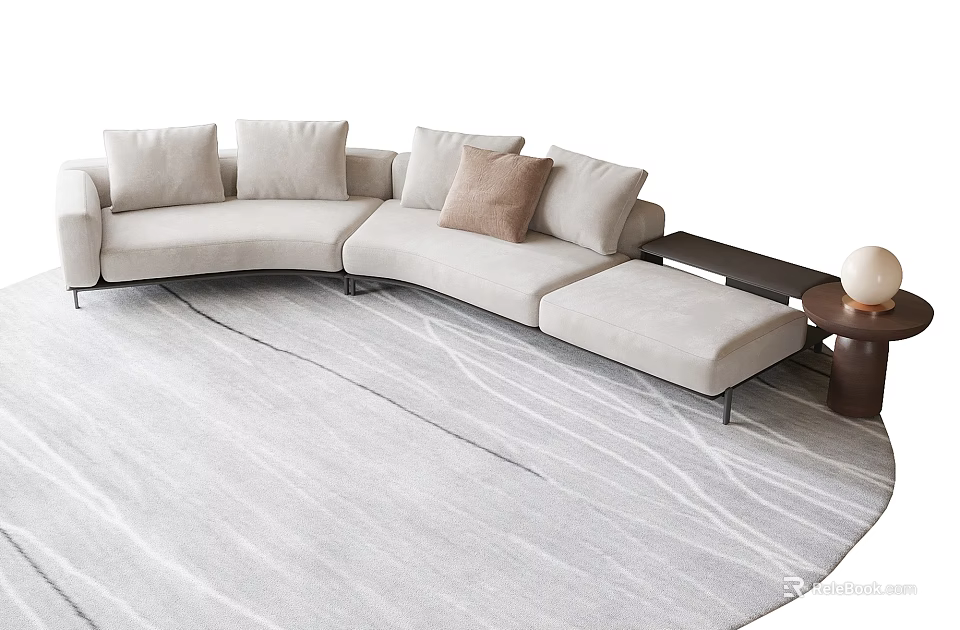 Modern Light Gray Sectional Sofa With Cushions Side Table Round Lamp On Textured Rug 3d model 