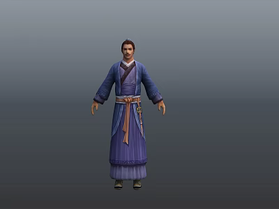 Ancient Standing Character in Blue Purple Traditional Robe with Brown Belt 3d model
