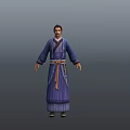 Ancient Standing Character in Blue Purple Traditional Robe with Brown Belt