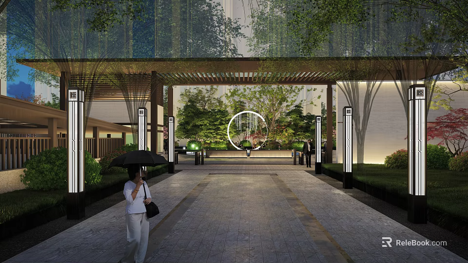 Elegant Main Entrance Gate With Arched Structure Stone Pavement Greenery Trees And Evening Lighting 3d model 