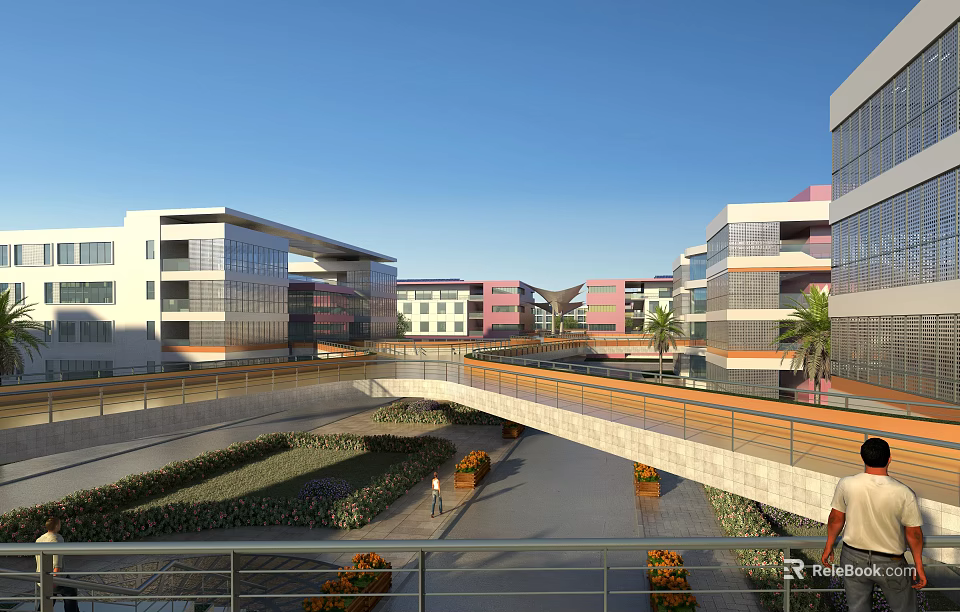 Modern School Buildings With Connected Walkway Greenery And Palm Trees On Campus 3d model 