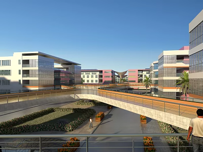 Modern School Buildings With Connected Walkway Greenery And Palm Trees On Campus 3d model