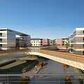 Modern School Buildings With Connected Walkway Greenery And Palm Trees On Campus