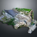 Stunning Natural Landscape With Rocky Waterfall Flowing Through Green Grass Terrain
