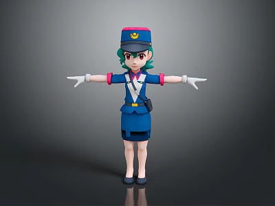 3D Game Movie Character With Green Hair Blue Uniform And White Gloves 3d model