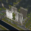 Aerial View Planning of Modern Residential Area with High Rise Buildings River and Green Spaces