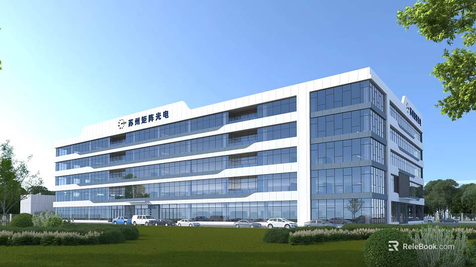 Modern Industrial Building With Multi Storey Glass Curtain Walls And Landscaped Surroundings 3d model 