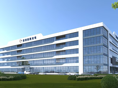 Modern Industrial Building With Multi Storey Glass Curtain Walls And Landscaped Surroundings 3d model