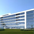 Modern Industrial Building With Multi Storey Glass Curtain Walls And Landscaped Surroundings